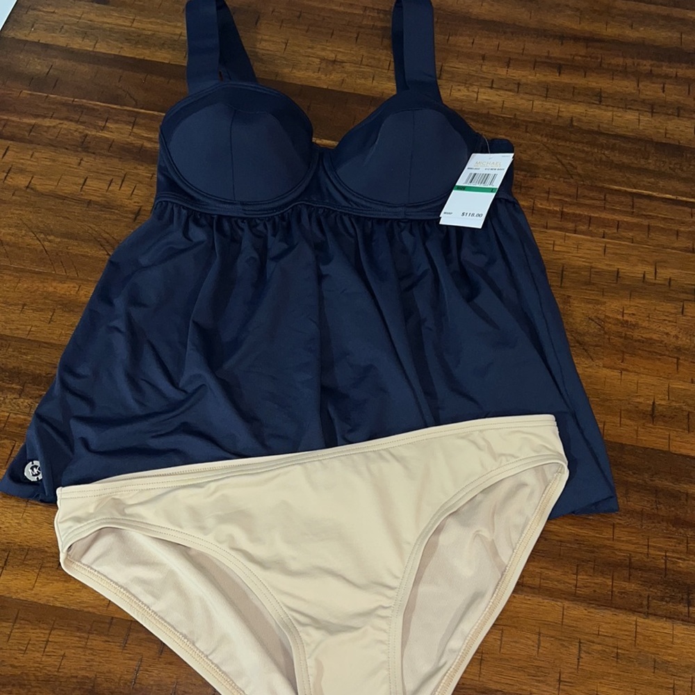 MICHAEL Michael Kors Women's Set Baby Doll Tankini Top Navy Blue+ Bikini Bottom - Picture 5 of 12